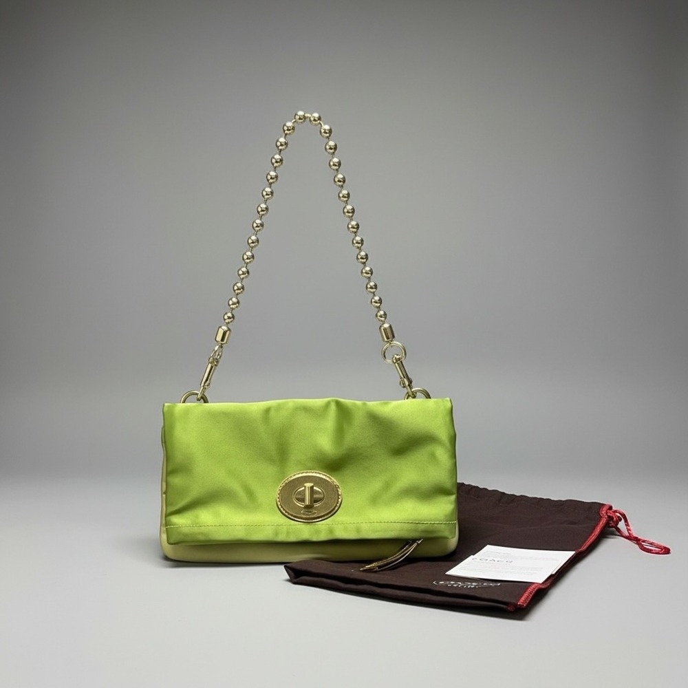 COACH 12926 AMANDA FOLD OVER Green SATIN CHAIN SHOULDER BAG